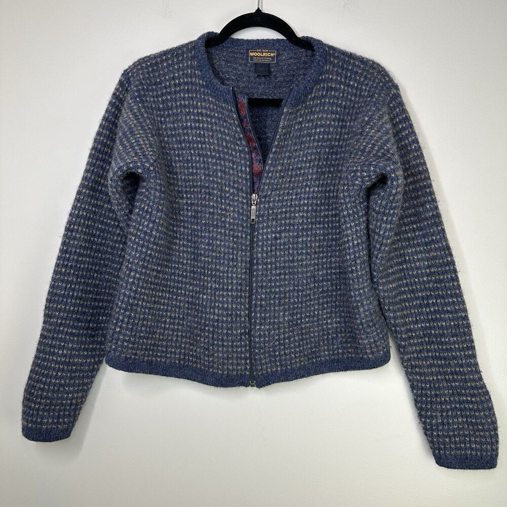 Vintage Woolrich Wool Jacket Women's Small Full Zip Sweater Blue 80's Outdoor